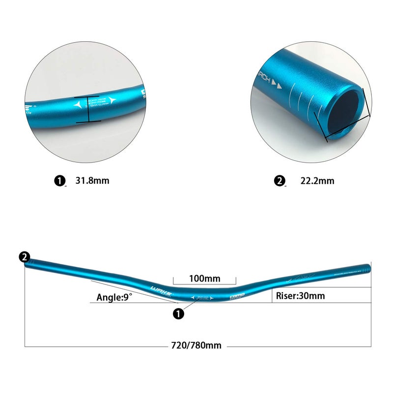 BNVB Wake 31.8mm MTB Mountain Bike Handlebar, Aluminum Alloy Mountain Bike Bicycle Riser Handlebar Extra Long 720/780mm with Paint Matte Surface (Blue, 780mm) - Image 2